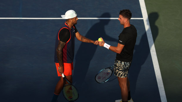 Thanasi Kokkinakis and Nick Kyrgios during their second round doubles match. 