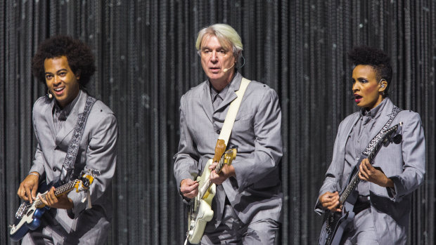 David Byrne, centre, with bandmates at Margaret Court Arena.