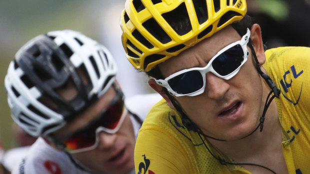 Changing of the guard: Geraint Thomas out in front with Chris Froome trailing.