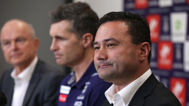 Fremantle president Dale Alcock announces new coach Justin Longmuir and football manager Peter Bell.