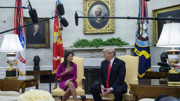 Nikki Haley, US ambassador to the United Nations, and US President Donald Trump at the White House on Tuesday.