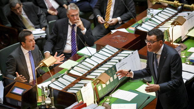 Opposition Leader Matthew Guy and Premier Daniel Andrews face off in Parliament.
