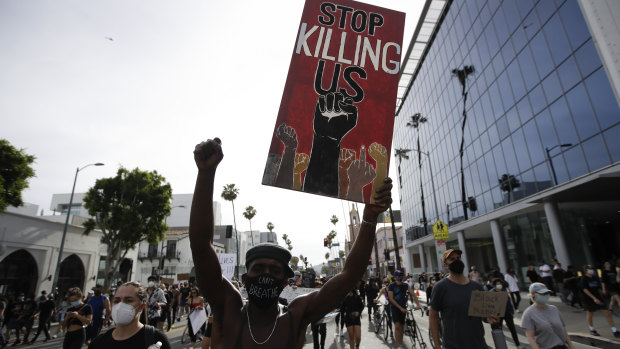 A protester in Hollywood during demonstrations over the death of George Floyd. 