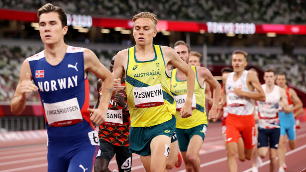 Stewart McSweyn trails Jakob Ingebrigtsen, the eventual winner, in the men’s 1500m final. 