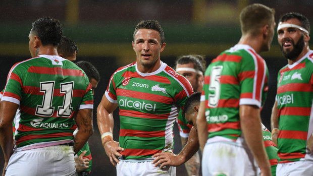 Enforcer: Souths forward Sam Burgess wasn't happy to be taken off for a head injury assessment.