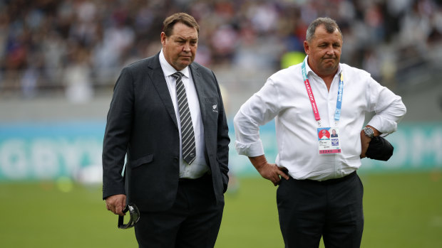 Passing the baton: Steve Hansen with Ian Foster during the World Cup in Japan.