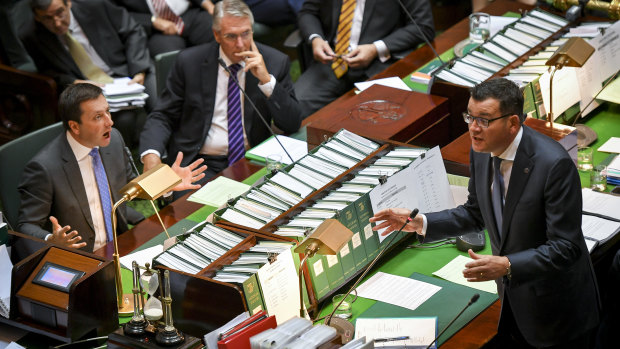 Just another question time: Opposition Leader Matthew Guy (left) and Premier Daniel Andrews (right) face off.