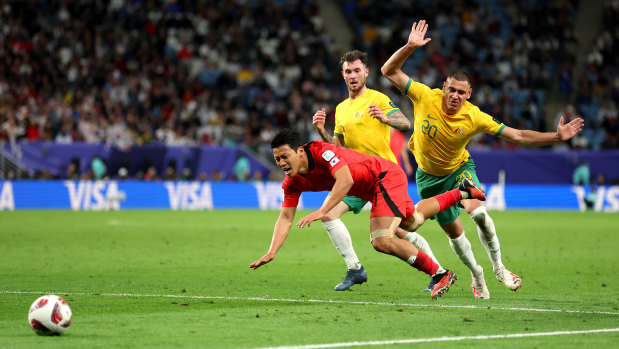 Hwang Hee-chan is brought down by Lewis Miller. Son Heung-min scored the winner from the resulting free-kick.