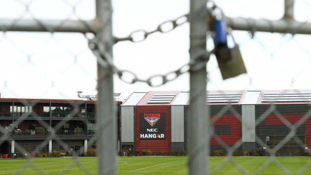 Lockout: Gates shut at Essendon's AFL headquarters after the positive COVID-19 test registered by their Irish import Conor McKenna.