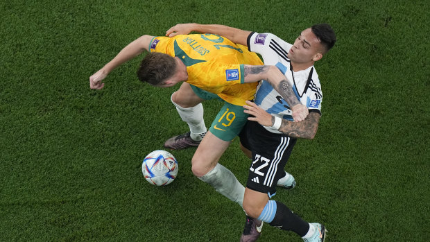 Harry Souttar battles Lautaro Martinez for the ball.