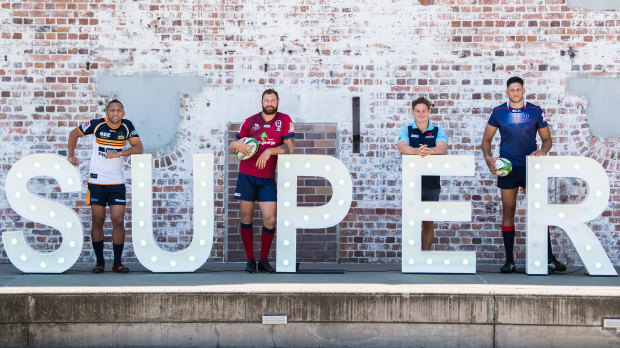 Maybe not so: Brumbies co-captain Christian Lealiifano, Queensland Reds captain Scott Higginbotham, NSW Waratahs captain Michael Hooper and Melbourne Rebels captain Adam Coleman at the launch of the Super Rugby season.