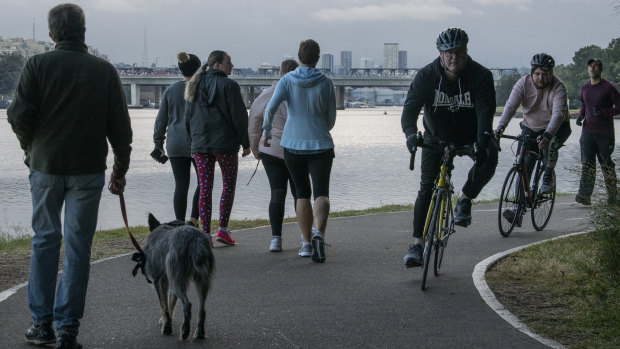 Walkers, runners and cyclists on the Bay Run at 7am on Thursday. 