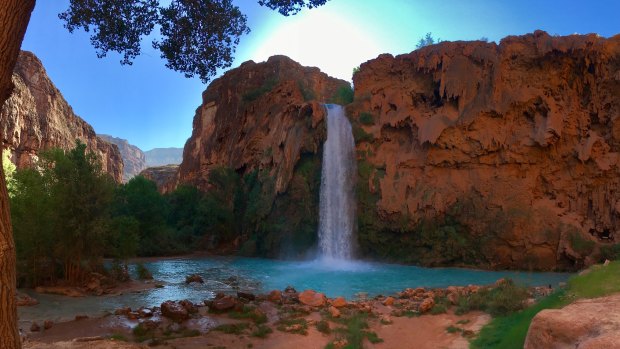 Waterfalls in the Havasupai Indian Reservation are coloured blue by the presence of limestone.