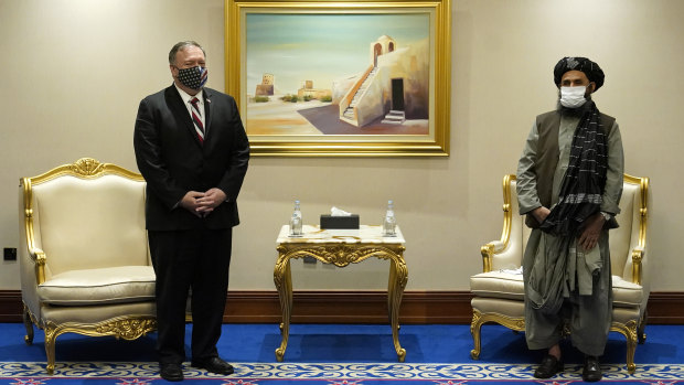 Then US secretary of state Mike Pompeo meeting with Mullah Abdul Ghani Baradar in Doha, Qatar in November 2020. 