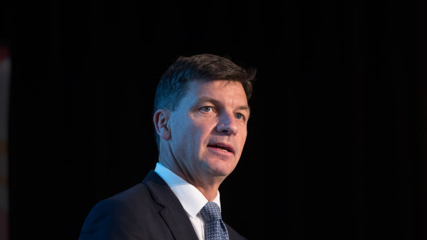 Energy Minister Angus Taylor addressing the COSBOA National Small Business Summit in Melbourne on Friday.  