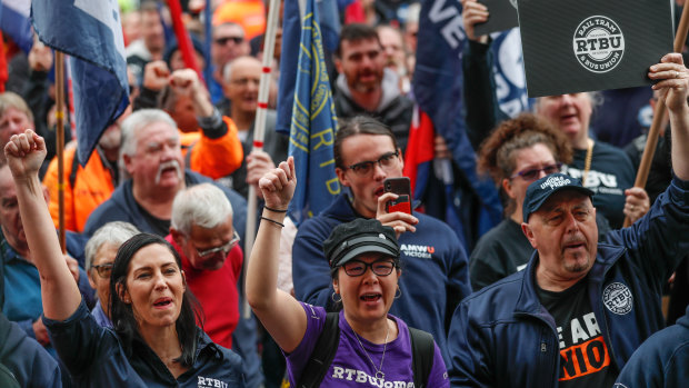 Rail, Tram and Bus Union members at a rally last year.