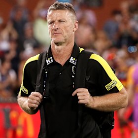 Damien Hardwick leaves the Adelaide Oval after the Tigers’ loss to the Crows.