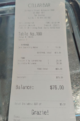 The bill at Grossi Florentino’s Cellar Bar