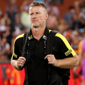 Damien Hardwick leaves the Adelaide Oval after the Tigers’ loss to the Crows.