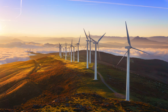 Wind turbines in the Oiz Eolic Park in Spain. Victoria has set a target of halving emissions from 2005 levels by the end of 2030.