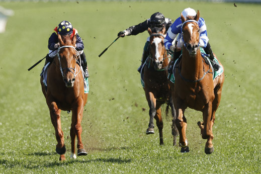 Jason Collett on Gytrash (right) wins the Concorde Stakes on Saturday.