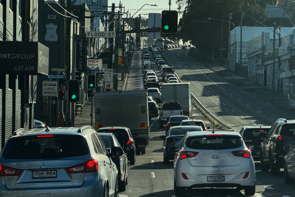 Heavy traffic on Parramatta Road near Leichhardt on Monday as industrial action affects the Sydney rail network.
