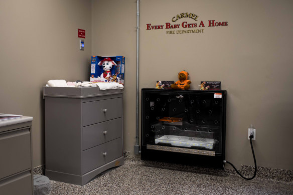 The Safe Haven drop-off box, as seen from inside the fire station, where a baby was left in April, the first in the three years since the box was installed, in Carmel.