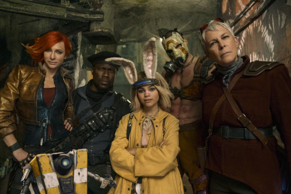 Cate Blanchett as Lilith, Kevin Hart as Roland, Ariana Greenblatt as Tiny Tina, Florian Munteanu as Krieg and Jamie Lee Curtis as Tannis in Borderlands. 