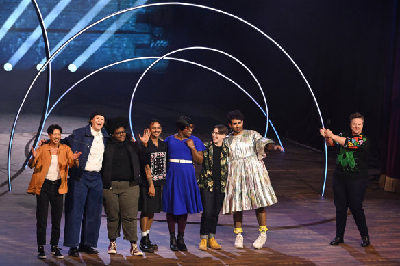 Hannah Gadsby’s Gender Agenda features (from left to right) Jes Tom, Chloe Petts, Asha Ward, Krishna Istha, Mx. Dahlia Belle, DeAnne Smith, ALOK and Gadsby, and was recorded at the Alexandra Palace in London. 

