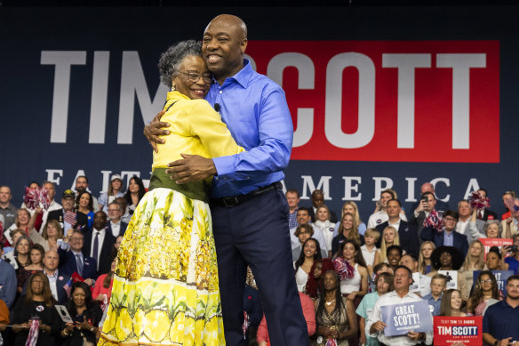 Republican presidential candidate Tim Scott hugs his mother Frances Scott after announcing his candidacy for president  on the campus of Charleston Southern University in South Carolina.