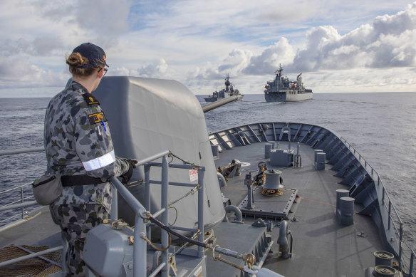 Australian Defence Force ships in the South China Sea during the Regional Presence Deployment 2020.