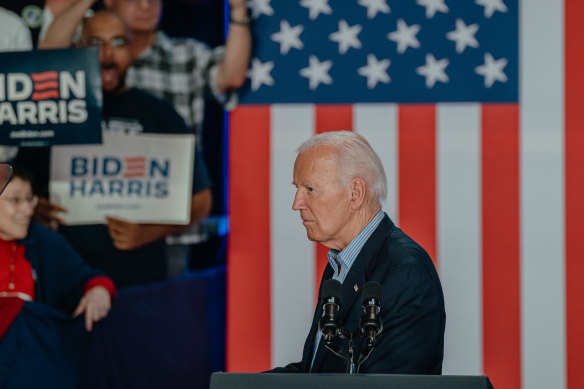 President Joe Biden speaks during a campaign event at Sherman Middle School in Madison, Wisconsin. 