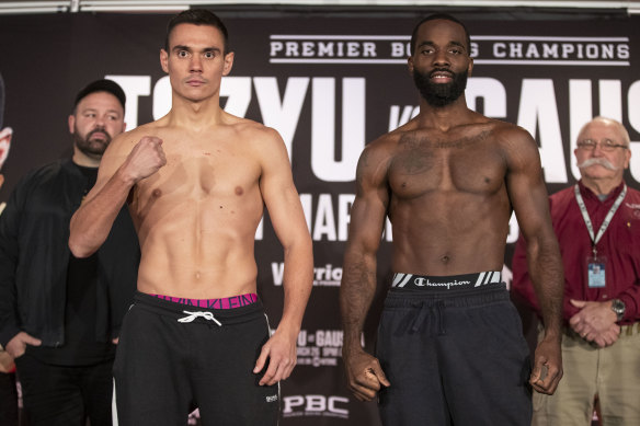 Tim Tszyu at the weigh-in ahead of his fight against Terrell Gausha at The Armory in Minneapolis.