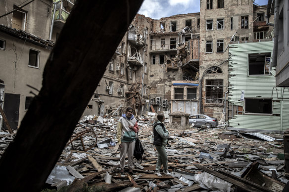 A building complex heavily damaged by Russian shelling in  the center of Kharkiv, Ukraine.