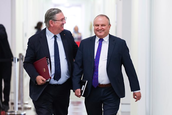 Liberal MPs Paul Scarr (left) and Jason Wood outside this morning’s party room.