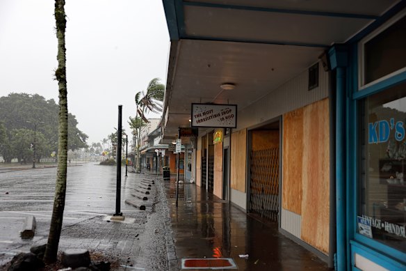 The usually bustling town of Hilo on the Big Island is deserted, with many shops having been boarded up as the hurricane neared. 