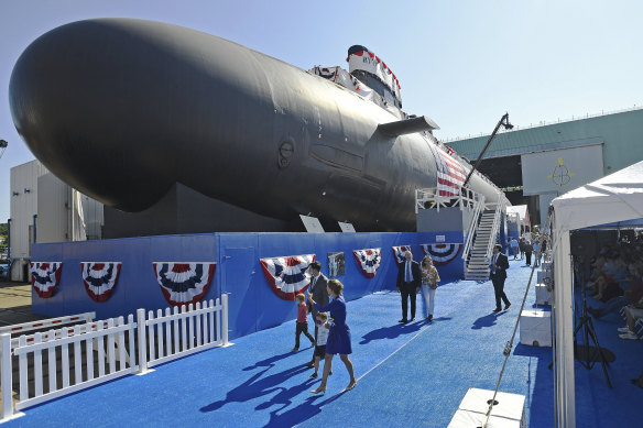 The launch of a US Virginia class submarine at the General Dynamics Electric Boat shipyard in Connecticut. 