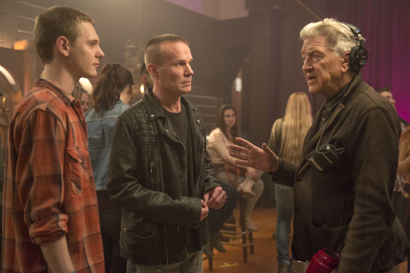 Jake Wardle, James Marshall and David Lynch on the set of Twin Peaks.