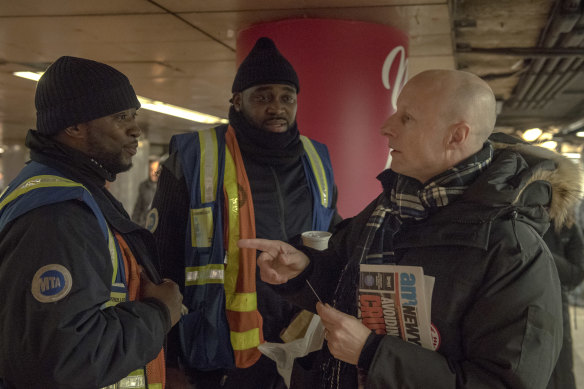 Andy Byford chats with subway workers on his first day as president of New York City Transit in January 2018.