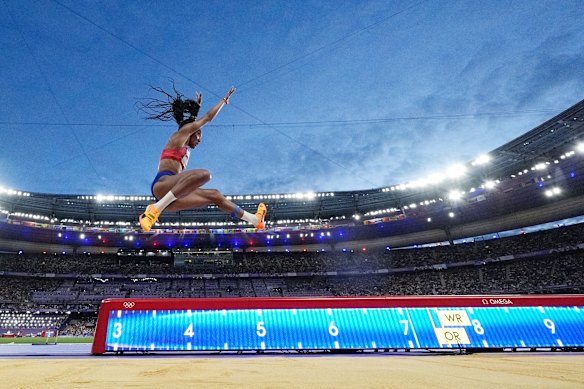Tara Davis-Woodhall of the United States competes during the women’s long jump final.