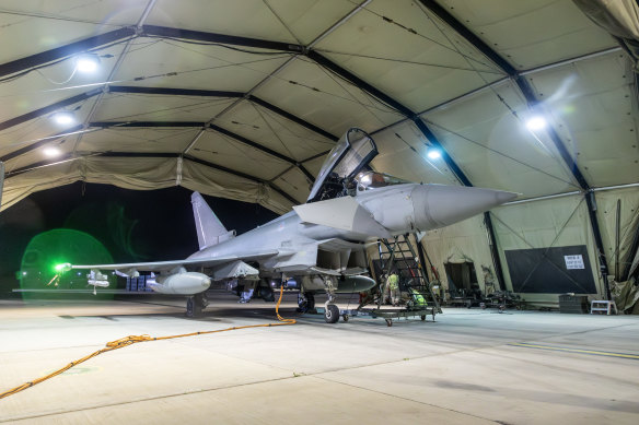 An RAF Typhoon aircraft returns after a strike mission on Yemen’s Houthi rebels.