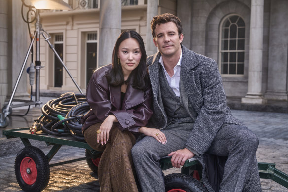 Yerin Ha and Luke Thompson on the set of Bridgerton season 4.