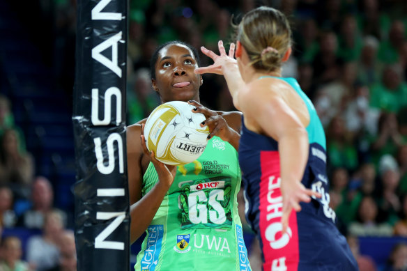 Jhaniele Fowler of the Fever looks to shoot in the grand final.