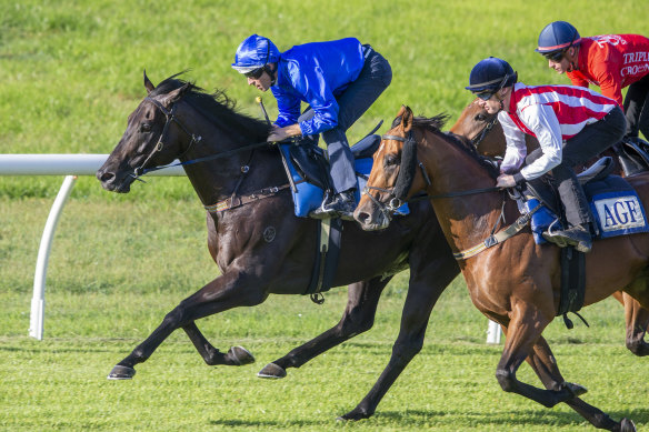 Kementari holds off Super Seth in a Randwick barrier trial earlier in the month.