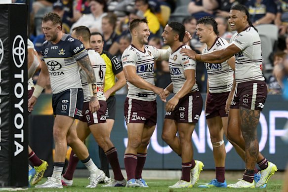 Brandon Wakeham celebrates a try against North Queensland in round seven.