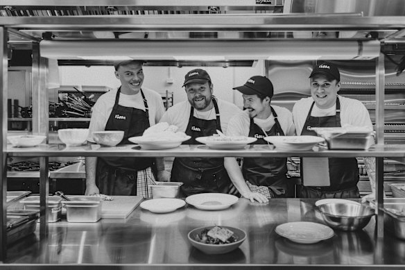 The Farra Dining kitchen team is led by head chef Aaron Moore (second from left) and Jack Henderson (far right) -