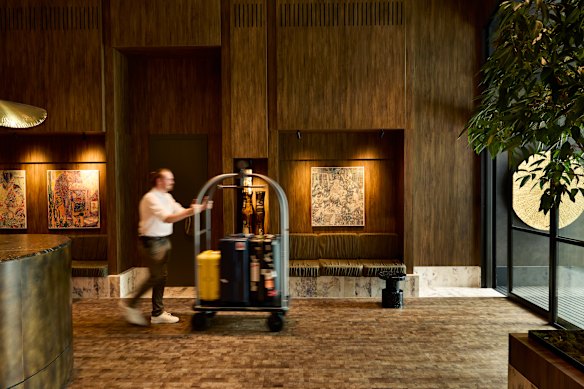 Seating alcoves and framed art in the hotel’s lobby.