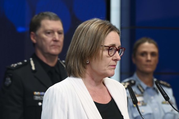 Victorian Premier Jacinta Allan on Monday, with Victoria Police Chief Commissioner Shane Patton and AFP Deputy Comissioner Krissy Barrett.