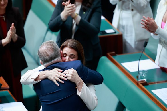 Prime Minister Anthony Albanese embraces Ali France after her maiden speech. 