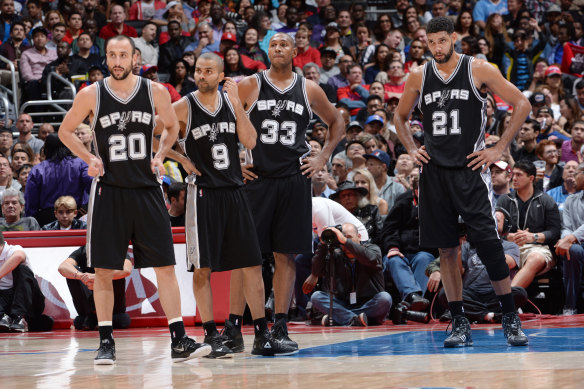 Manu Ginobili (20), Tony Parker (9) and Tim Duncan  (21) in 2014. 